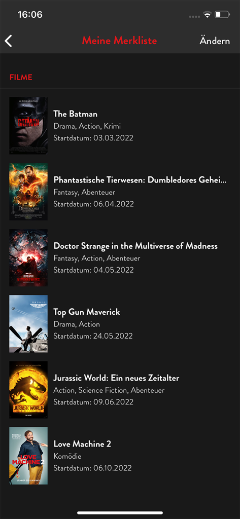 Écran de l'application mobile montrant une liste de surveillance des films à venir avec les titres et les dates de sortie en allemand.