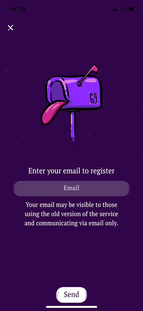 Masked Love: chat & date app - Registration screen of the Masked Love dating app featuring a purple mailbox with a tongue