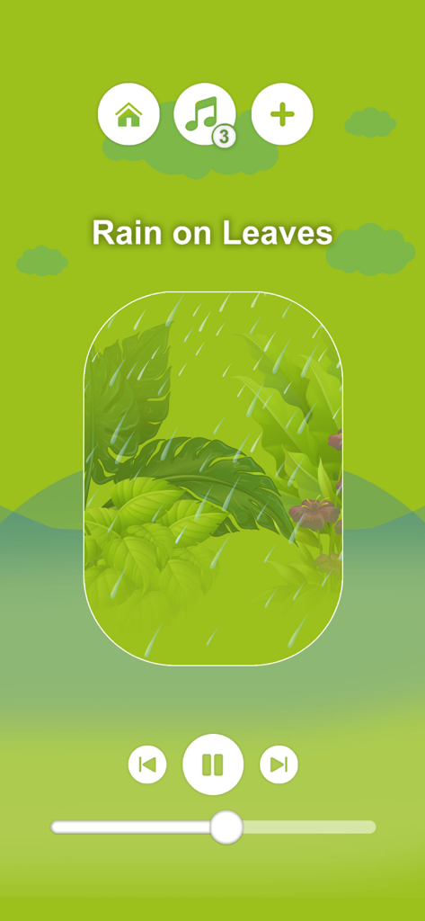 Amazing Rain and Thunder Sound - Aplicación Amazing Rain and Thunder Sound reproduciendo la pista de audio de lluvia en las hojas.