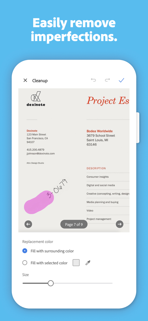 스캔한 문서의 결함을 제거하는 방법을 보여주는 Adobe Scan 모바일 앱 인터페이스