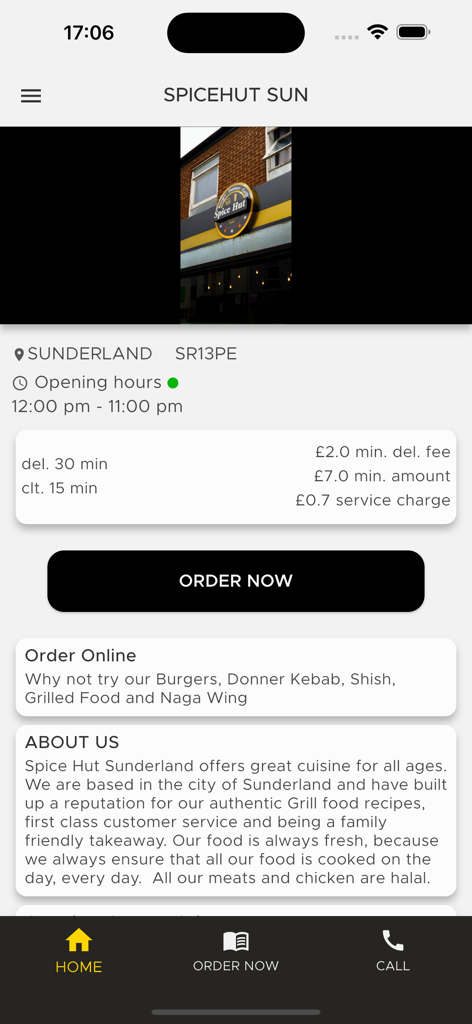 Spice Hut Sunderland - Home screen of the Spice Hut Sunderland mobile app showing delivery information, opening hours, and an order now button.