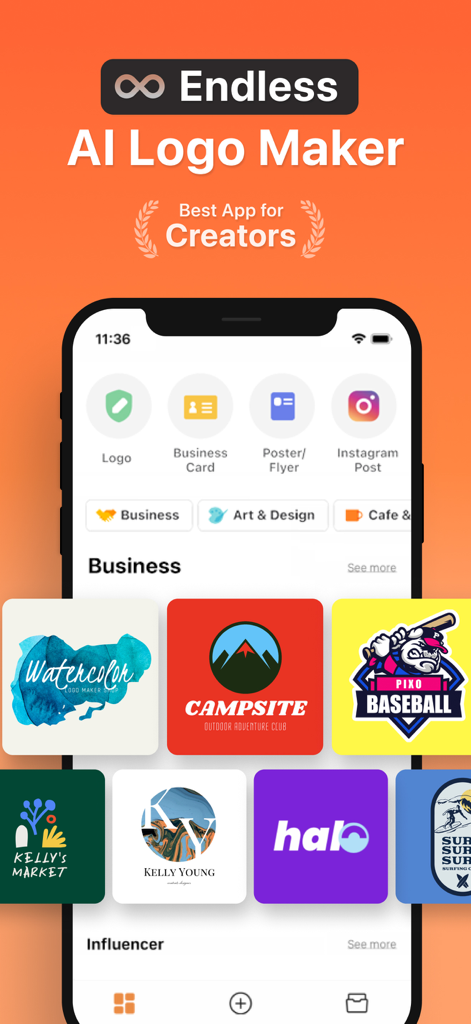 Logo Maker AI Creator — Conic - Mobile app interface of Logo Maker AI Creator showing professional logo templates for business and branding