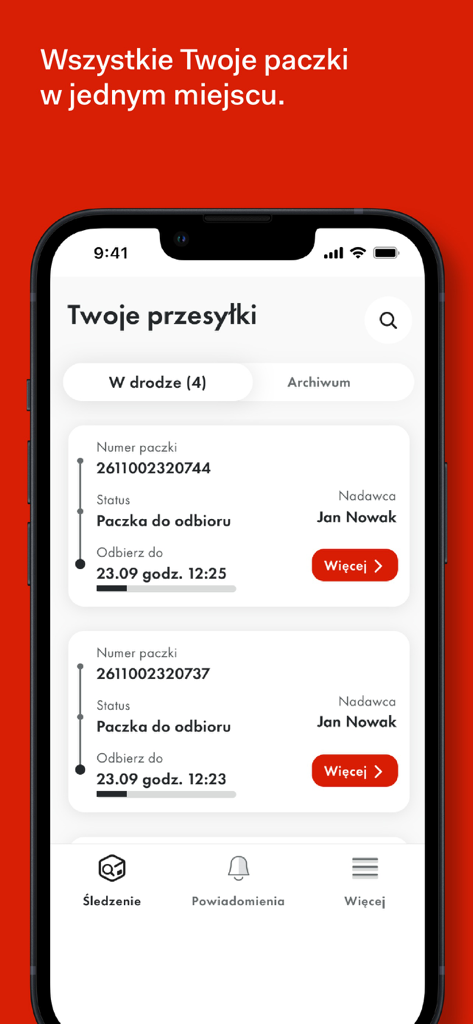 ORLEN Paczka - ORLEN Paczka app screen showing a list of parcels with tracking numbers and pickup statuses