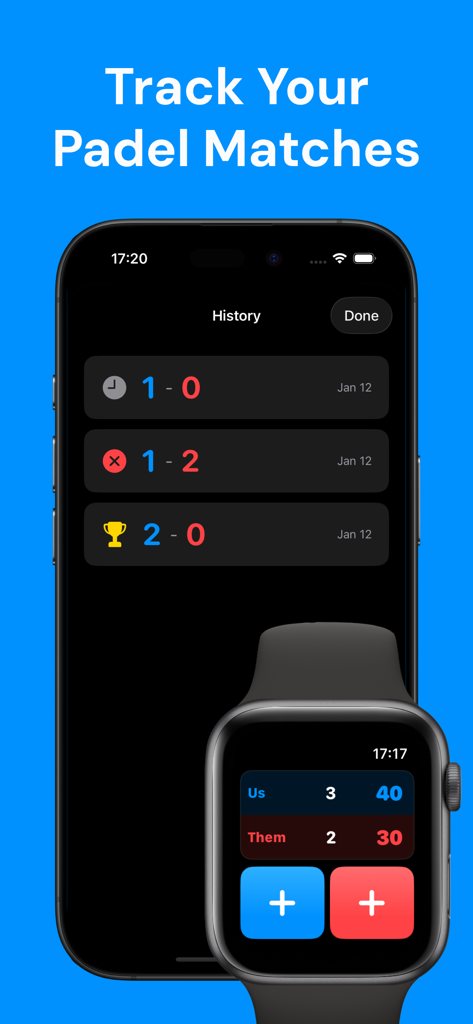 Padel Scoreboard: Track Easily - Padel Scoreboard match history on iPhone and live score tracking on Apple Watch