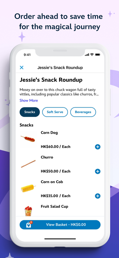 Hong Kong Disneyland - 간식 항목과 가격을 보여주는 홍콩 디즈니랜드 앱의 제시의 스낵 라운드업 모바일 음식 주문 인터페이스