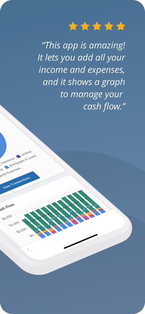 Stessa: Smart Rental Manager - Stessa app interface showing a cash flow chart and a five star user review