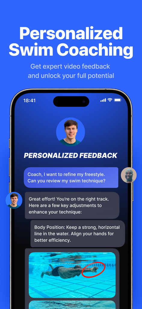 SwimUp: Swimming Workouts App - SwimUp app interface showing personalized swim coaching feedback and video analysis for technique improvement.