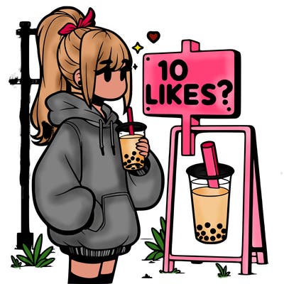 girl with oversized hoodie drinking boba and she has a high ponytail with a sign that says 10likes?