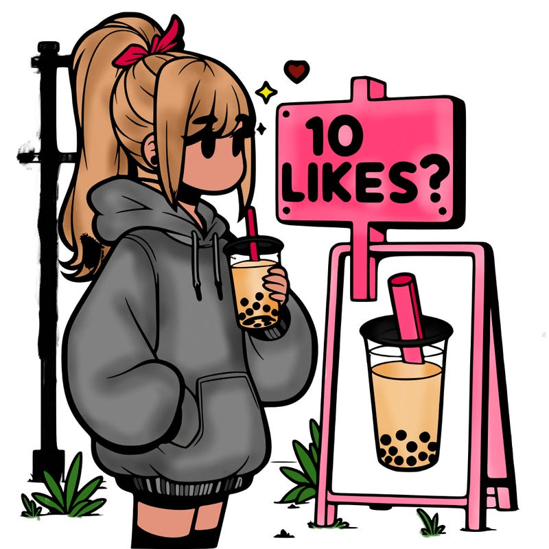 girl with oversized hoodie drinking boba and she has a high ponytail with a sign that says 10likes?