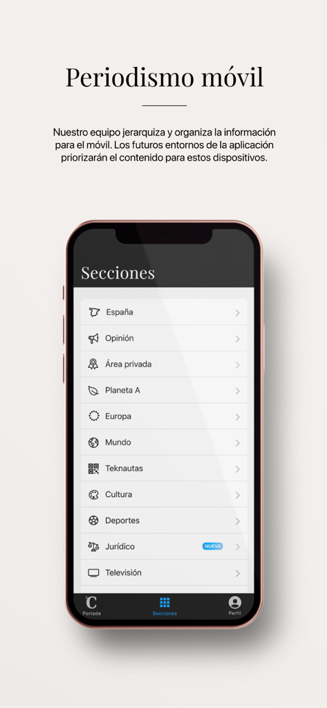 A smartphone displaying the news sections of the El Confidencial app including Spain Opinion and World news
