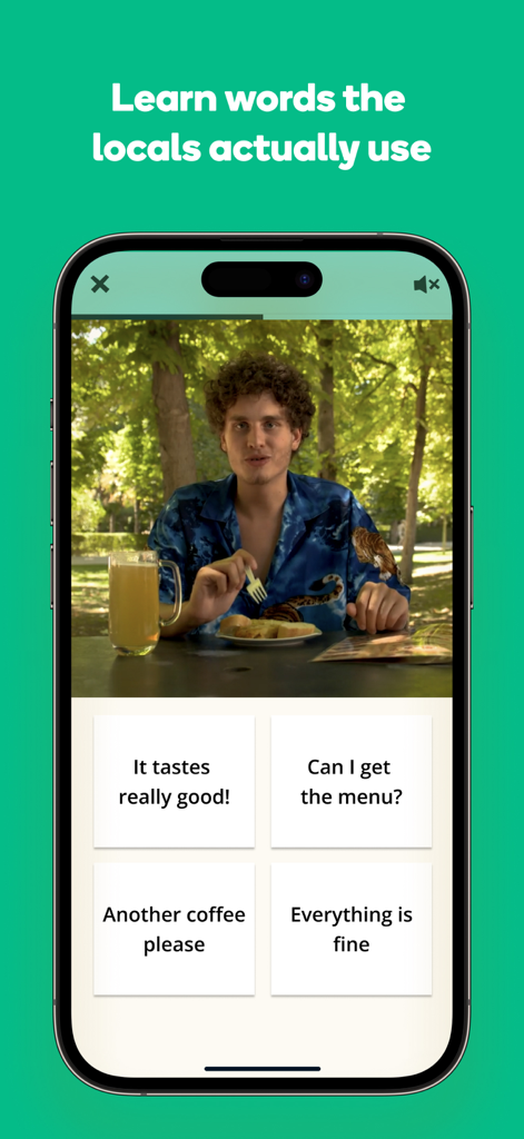 Memrise Easy Language Learning - Memrise app screenshot showing a video lesson with a native speaker and vocabulary practice questions for real-life scenarios
