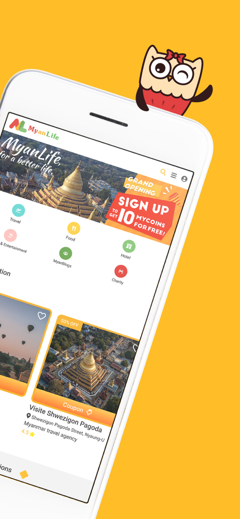 MyanLife - ミャンライフアプリのインターフェース、旅行カテゴリ、Mycoinのサインアップボーナス、シュエジゴンパゴダの50％オフクーポンを表示