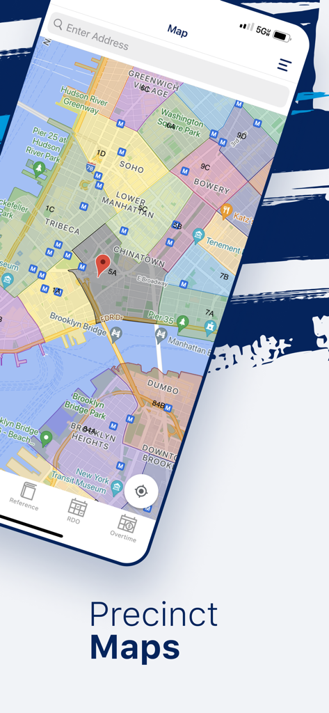 Summons Partner+ - Bildschirm einer mobilen App mit Revierkarten von NYC-Polizeirevieren mit farblich gekennzeichneten Sektoren