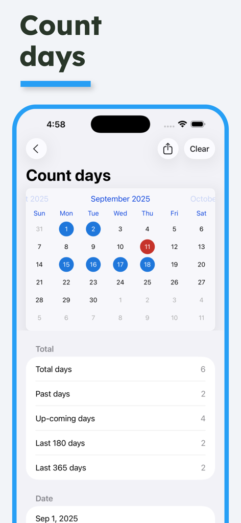 Time Calculator - Work Hours - 時間計算アプリのモバイル画面。カレンダーに日付のカウントのためにハイライトされた日付が表示されています。