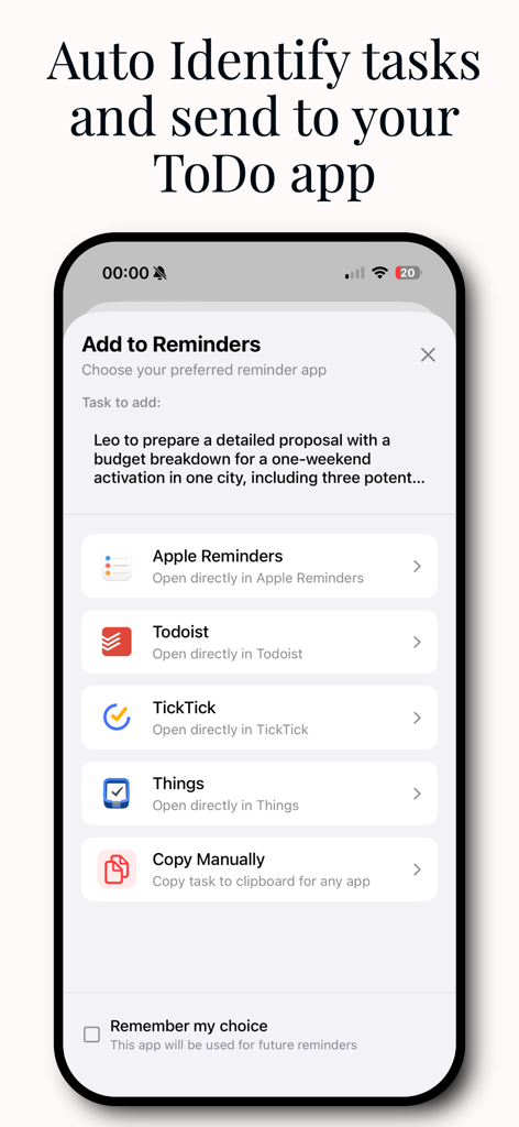 Transcription AI : Voice Notes - Transcription AI app interface for sending identified tasks to external productivity apps like Apple Reminders and Todoist