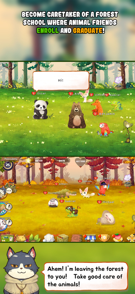 Un collage de juego de Animal Forest Fuzzy Seasons mostrando adorables animales en bosques verdes y otoñales y un personaje cuidador de gatos dando instrucciones.