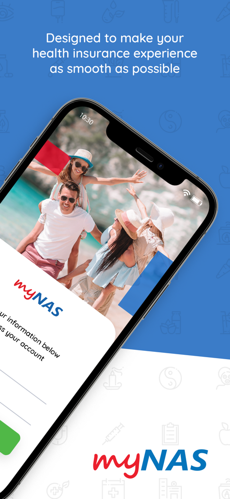 A smartphone displaying the myNAS app welcome screen with a photo of a happy family at the beach