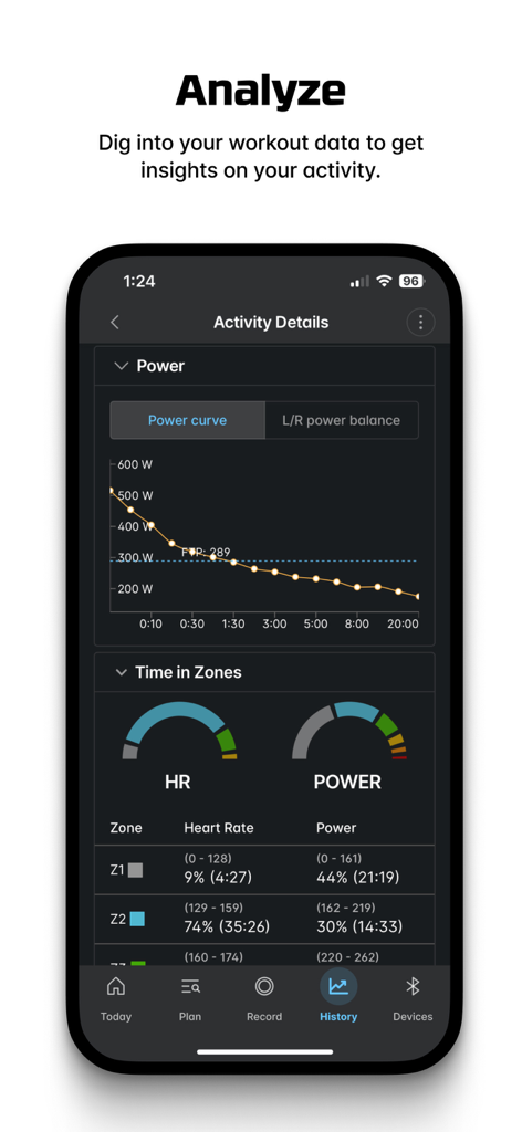 Wahoo - Wahoo app activity details screen showing a power curve graph and heart rate training zones