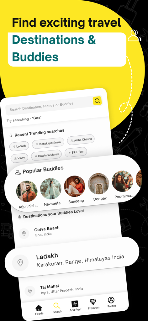 Travel Buddy app search screen showing popular travel destinations and verified social partners