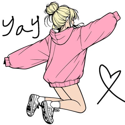 realistic girl jumping with a bun and oversized sweatshirt