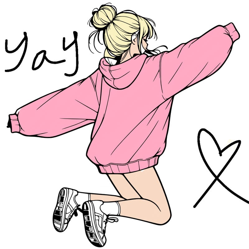 realistic girl jumping with a bun and oversized sweatshirt
