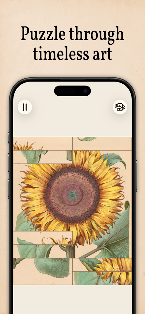 Art of Flora: Cozy Puzzles - Una pantalla móvil que muestra un puzzle botánico de un girasol con el texto Puzzle a través del arte atemporal.