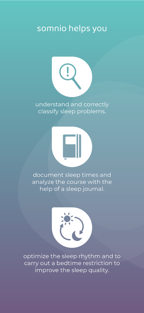 somnio - sleep coach - 睡眠分析、睡眠日記、リズム最適化のためのsomnioアプリの機能を示すインフォグラフィック。