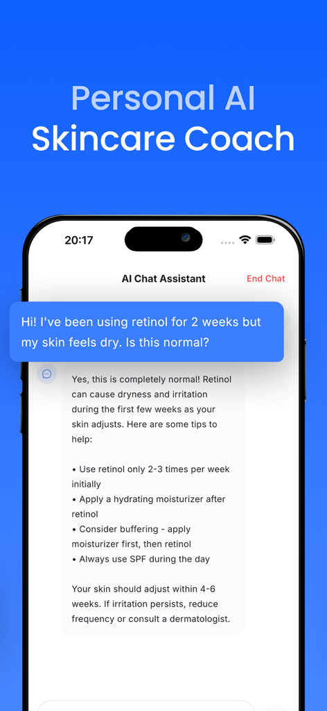 AI Skin Scanner Face Analyzer - Interfaccia di chat dell'assistente skincare AI che fornisce consigli esperti sull'uso del retinolo e sulla secchezza della pelle.