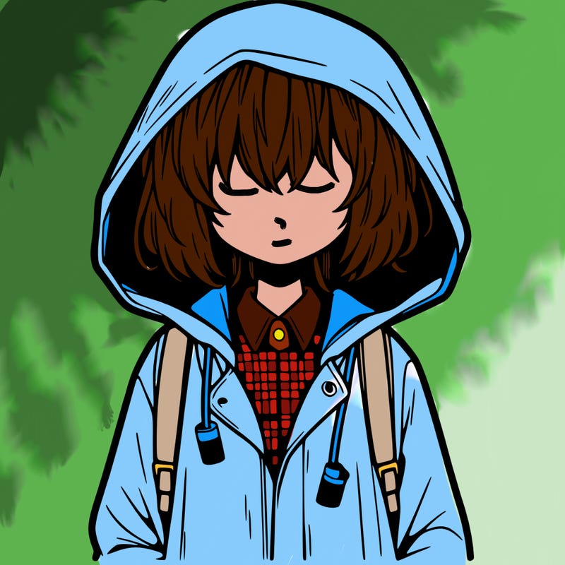 little anime girl in a raincoat her hair is covering her eyes she has a lighter