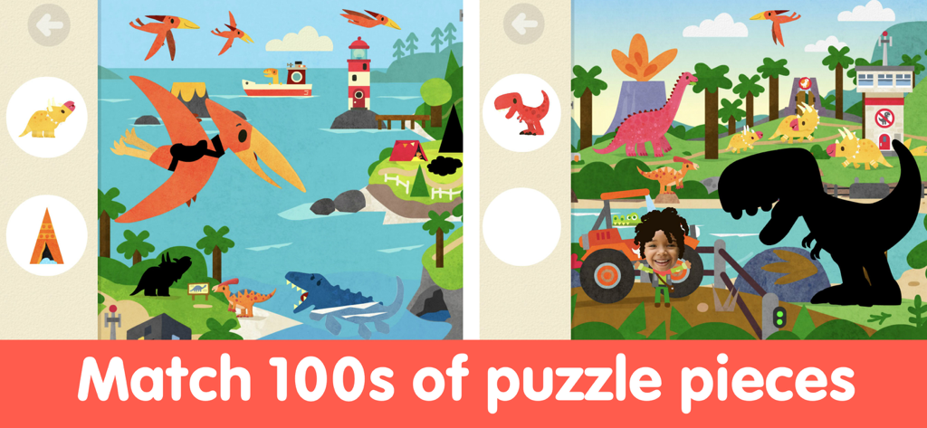 Dinosaur Puzzle Kid Dino Game - Preescolares uniendo formas de dinosaurios y piezas de puzzle en un colorido mundo prehistórico.