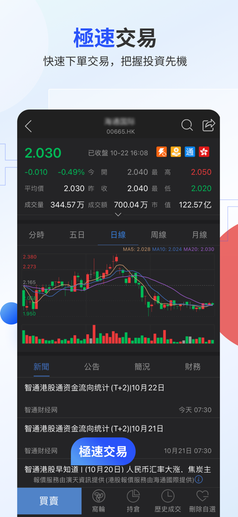海通国际 - Interfaz móvil de la aplicación de trading Haitong International que muestra un gráfico de velas de acciones y datos del mercado en tiempo real.