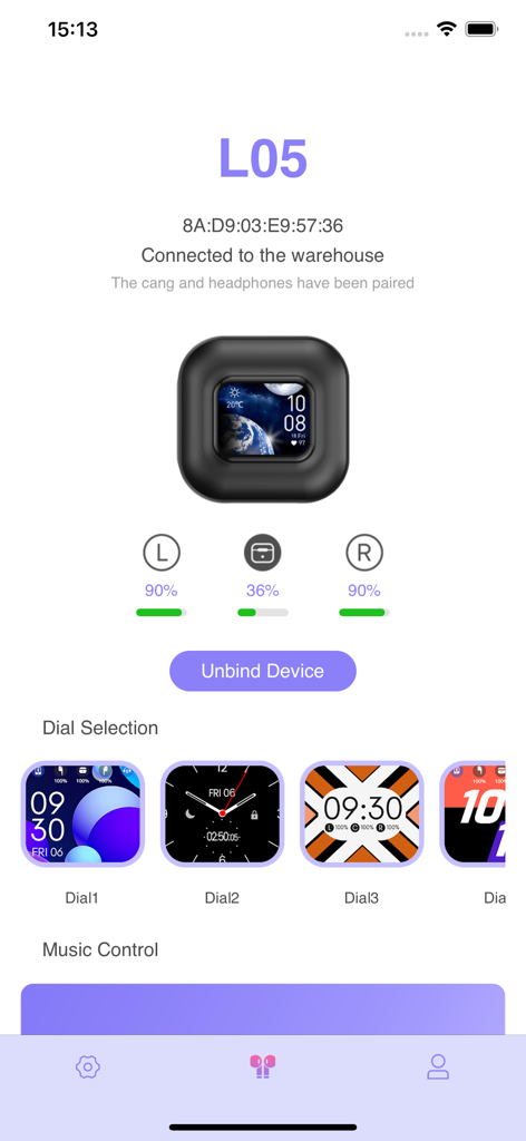 TechWear - TechWear app screen showing connected smartwatch status battery levels for earbuds and watch face selection