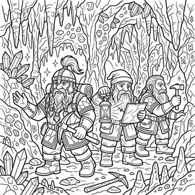 Join a team of brave Dwarf Explorers as they navigate a mysterious underground cavern filled with sparkling crystals and ancient secrets. This intricate coloring page invites you to bring their thrilling search for treasure and knowledge to life.