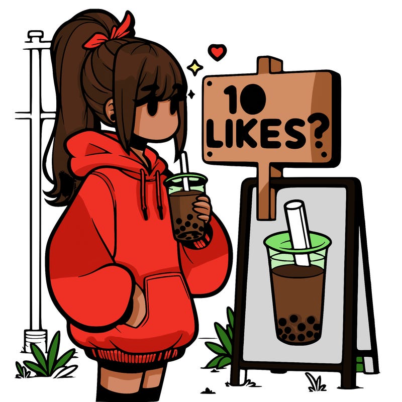 girl with oversized hoodie drinking boba and she has a high ponytail with a sign that says 10likes?