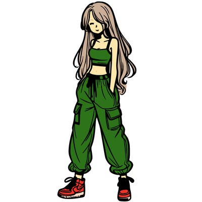 girl in baggy pants crop top and long hair