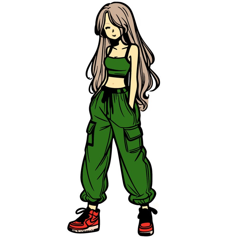 girl in baggy pants crop top and long hair