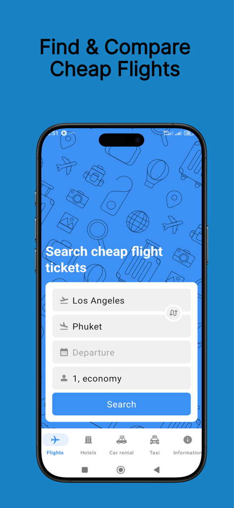 Flights & Cheap Tickets - A mobile app interface displaying a search form for cheap flight tickets from Los Angeles to Phuket