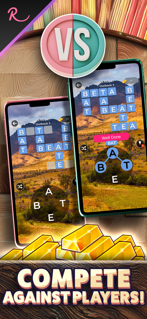 Two mobile phones showing a competitive word puzzle game with a versus icon and gold bars.