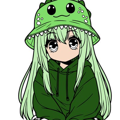 girl with anime shaped eyes with a dinosaur bucket hat oversized sweatshirt long straight hair
