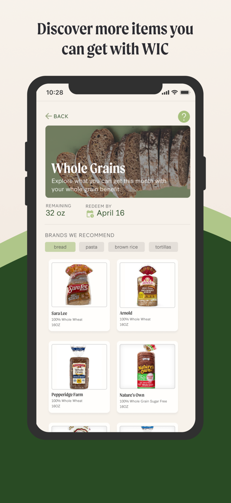 Lulo: WIC Shopping - WIC承認済みの全粒粉パンブランド、残りのオンス残高と引き換え期限が表示されたモバイルアプリ画面。