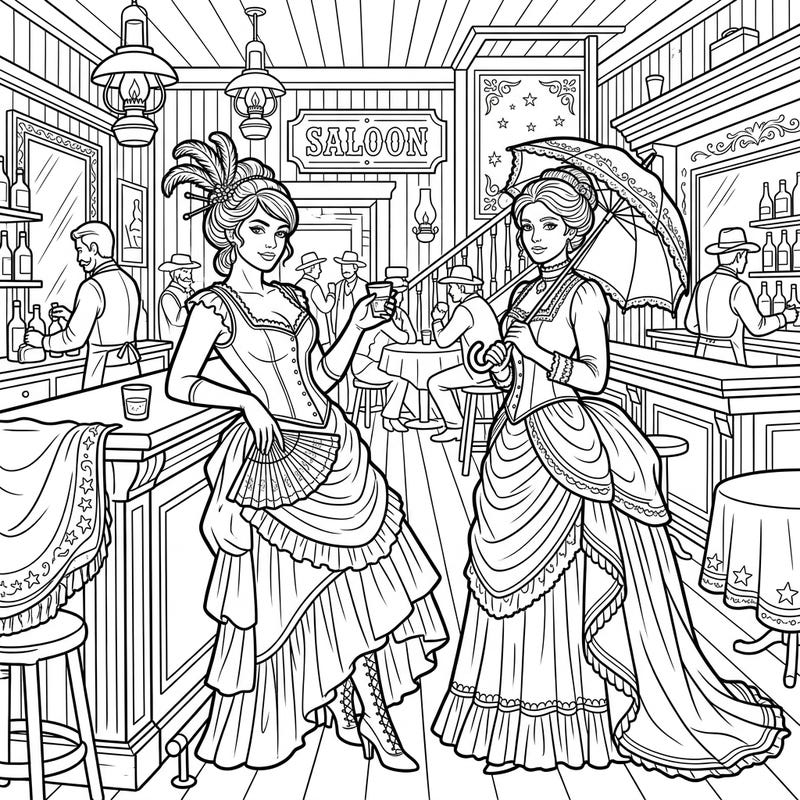 Step into the lively world of the Old West with this captivating Saloon Girls coloring page, specially designed for seniors. Enjoy bold lines and engaging detail as you bring this classic scene to life.