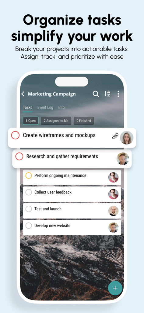 Project Management for Teams - A project task list in the Lyria app showing assigned team members and progress for a marketing campaign