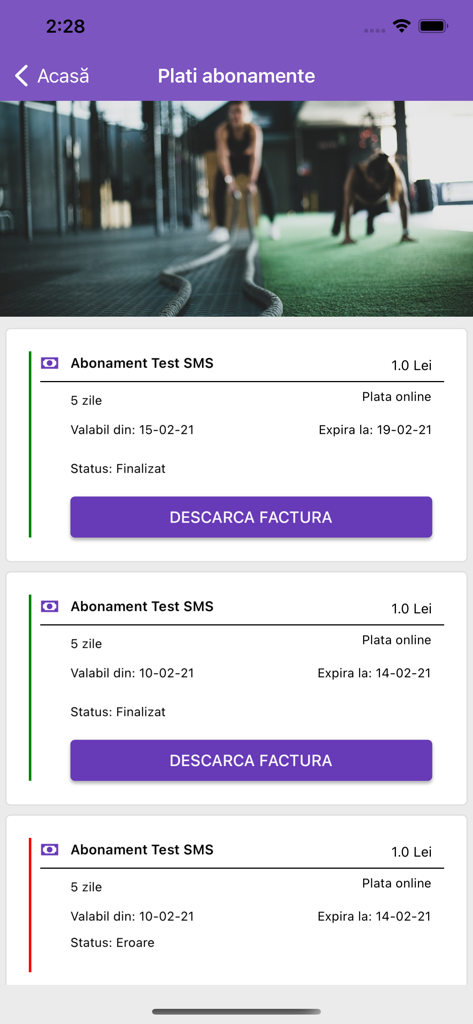Interfaz móvil de la aplicación GMA que muestra una lista de pagos de suscripción al gimnasio con opciones para descargar facturas.