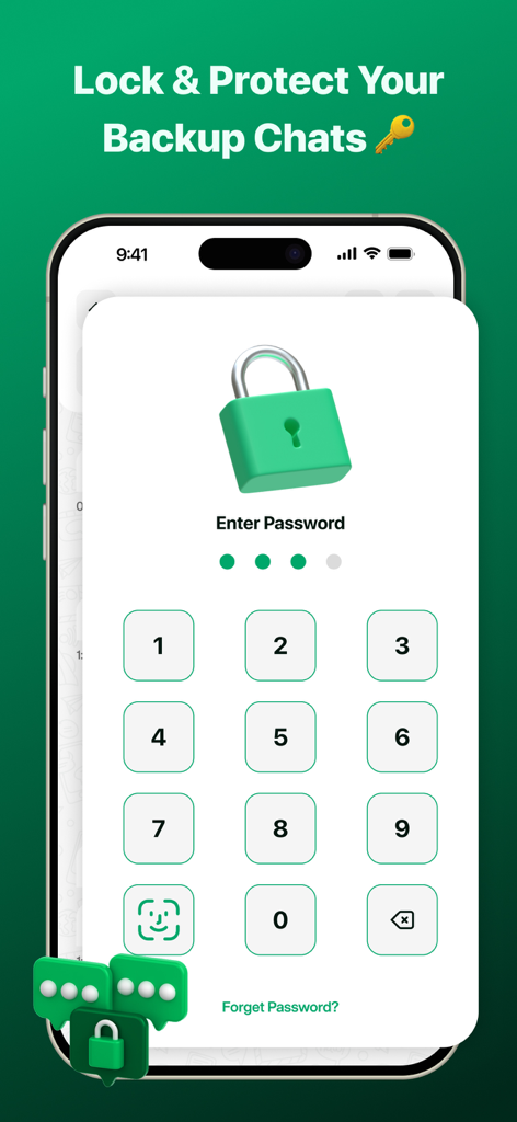 WAM - Recover Deleted Messages - Mobile app interface showing a secure passcode entry screen to protect backup chat history with a green padlock icon