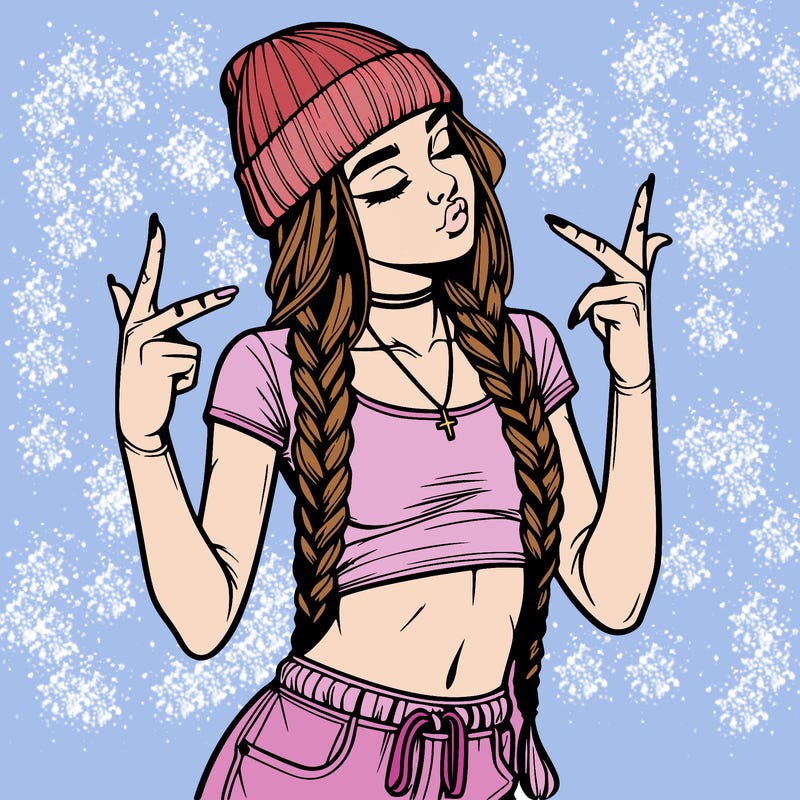 realistic teenage girl with braids and a beanie and crop top doing 🫶🏼
