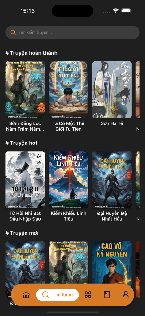 Webnovel.vn – Truyện & Sách - Interfaz de la aplicación Webnovel.vn que muestra listas de webnovelas y cuentos vietnamitas populares en modo oscuro.