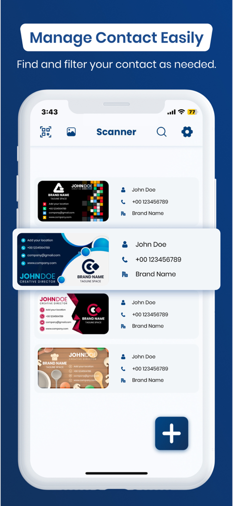 Business Card Scanner Reader - A mobile app interface displaying a list of scanned business cards and contact information.