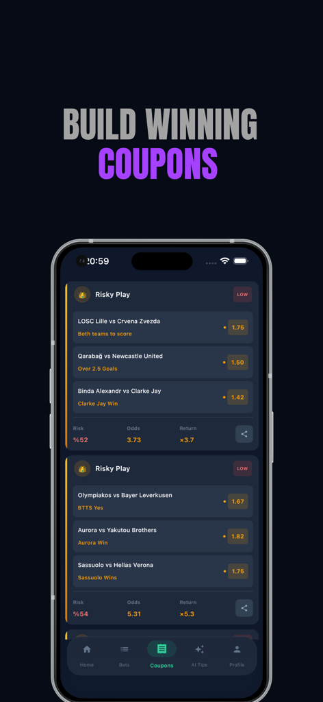 Mobile app screen showing sports betting coupons and match predictions with odds and risk analysis