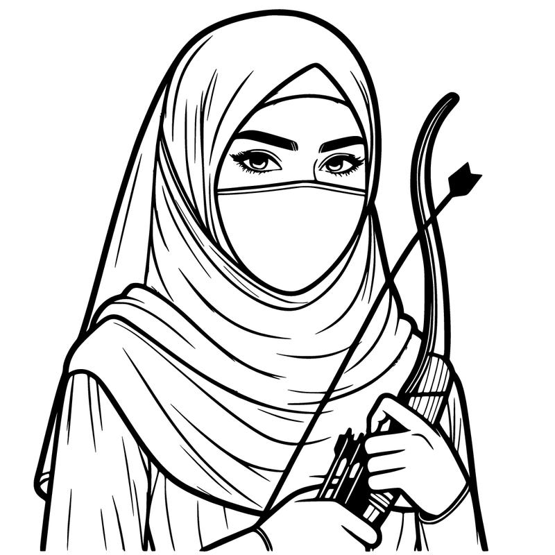 realistic muslim woman with covered face holding a drawn bow