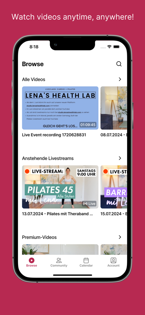 Lena's Health Lab - Lena's Health Lab mobile app browse screen featuring on-demand pilates videos and upcoming live classes.